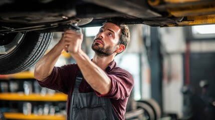 Side view of focused Asian male mechanic working on undercarriage of vehicle, car elevated on lift, workshop background with shelves and spare parts, panoramic framing
