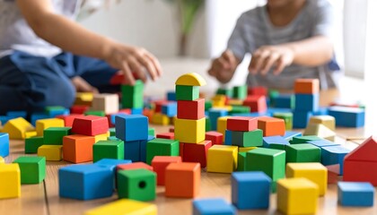Children playfully build with colorful wooden blocks scattered on the floor