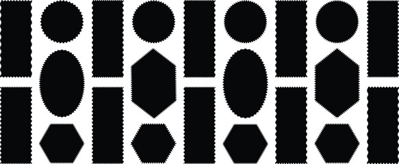 Zigzag edges set. Torn paper, jagged rectangular shape box element set with zigzag edges. Silhouette stickers circle, square, oval and rectangle labels.