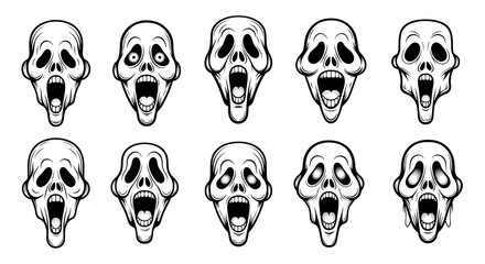 Ten cartoon ghost faces with open mouths in black and white on a white background in a pattern...
