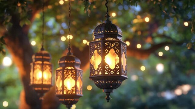 Elegant lanterns hanging from tree branches lit by soft, warm glow.