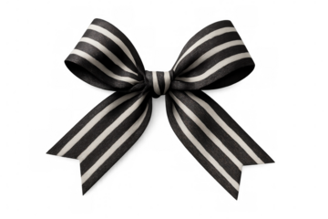 Elegant black and white striped ribbon tied in a bow, isolated on a transparent background, perfect for adding a touch of sophistication to designs