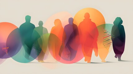 Silhouettes of people walking through colorful circles.