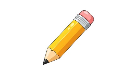 A single yellow pencil with a pink eraser and a sharpened tip on a plain white background view