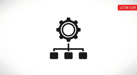 Black gear connected to three squares representing a process on a white background vector icon