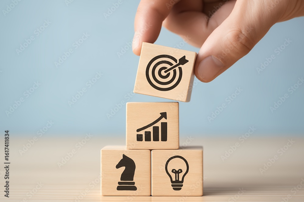 Poster a hand places a wooden block with target icon on a stack on a table, concept for achieving objective
