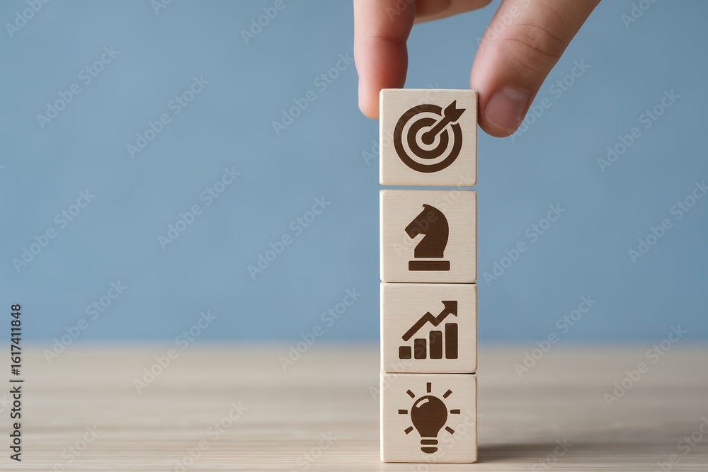 Aufkleber hand placing wooden block with target icon atop a tower of blocks displaying chess, graph, and light