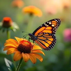 Obraz premium Monarch Butterfly Resting on Orange Coneflower in Sunlight