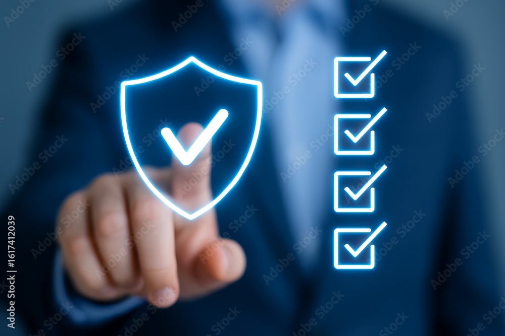 Poster a business manager's finger touches a virtual shield with a checkmark, next to a checklist. concept 