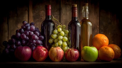 Obraz premium Still life arrangement of wine bottles, grapes, and fruit.