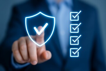 A business manager's finger touches a virtual shield with a checkmark, next to a checklist. Concept for data protection, compliance verification and digital security solutions implemented