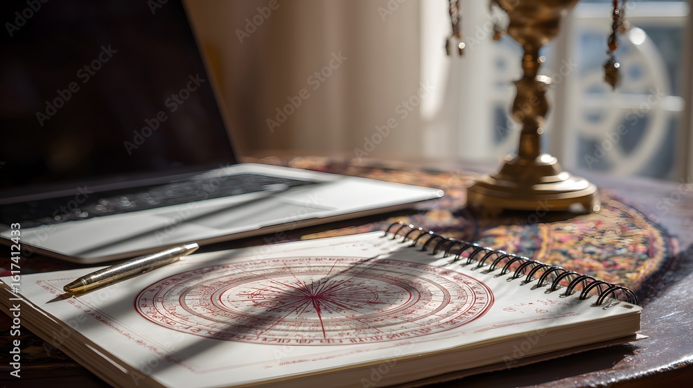 Poster vintage notebook with intricate design on a table.
