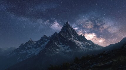 Snow-Capped Mountain Under a Starry Night Sky