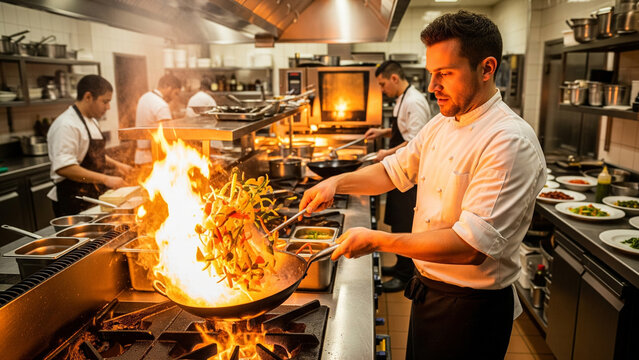 A chef expertly flips food in a wok over a high flame in a busy commercial kitchen, with other cooks working in the background.