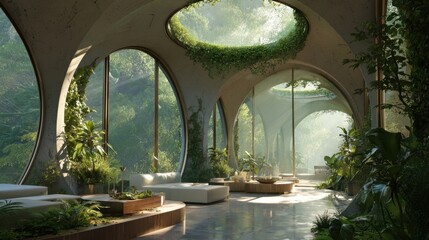 Modern Interior with Curved Windows and Lush Greenery