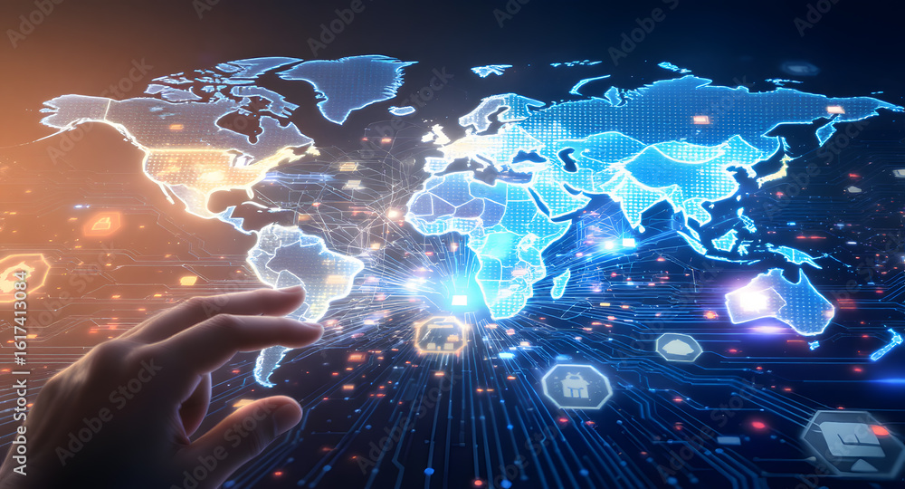 Aufkleber global technology network: hand interacting with digital world map and futuristic data connections