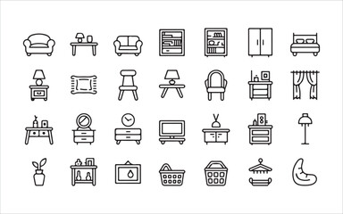 Modern Home Furniture Line Icons – Cozy Interior & Stylish Living Room Essentials