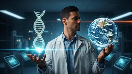 A scientist in a lab coat holds a holographic globe and DNA strand, surrounded by advanced technology and screens. - Powered by Adobe
