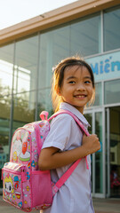 Young girl with a pink backpack smiles at the camera, ready for school.