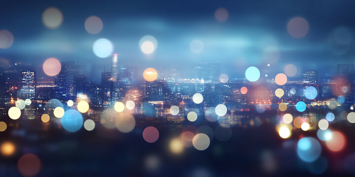 Futuristic city skyline at night, soft blur on the left side for text.