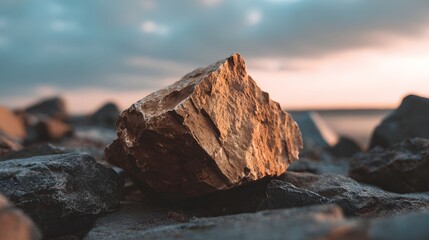 Close-up of a large rock on a rocky shoreline.