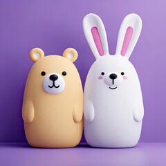 Two cartoon animals, a bear and a rabbit, standing side by side against a vibrant purple backdrop