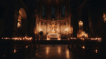 Illuminated church interior at night.