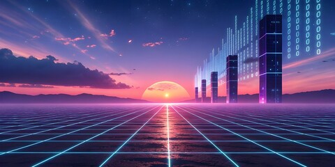 Futuristic cyberpunk cityscape with neon grid and binary code sunset