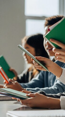 Students reading books in a classroom