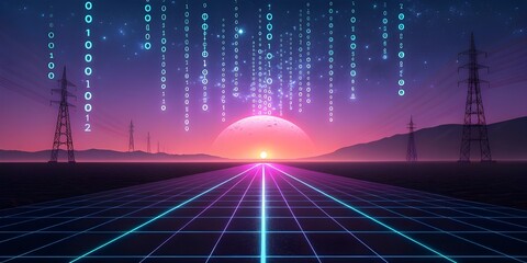 Futuristic digital landscape with binary code falling at sunset