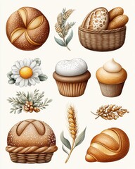 Assorted Baked Goods Illustration Brown and Beige Breads, Pastries, and Wheat
