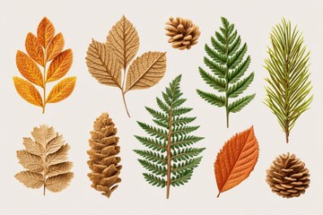 Autumn Leaves Pine Cones and Ferns Pixel Art Illustration