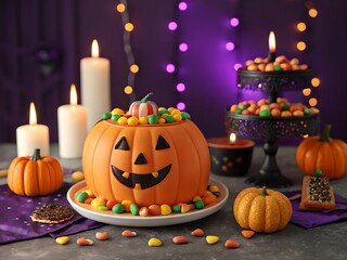 A halloween scene with a pumpkin candy bowl, candles, and other halloween themed decorations