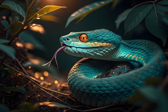 Green wild reptile serpent with its head and tongue visible on a tree branch