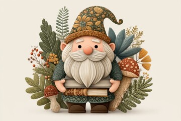 Charming Gnome with Book Surrounded by Autumnal Flora