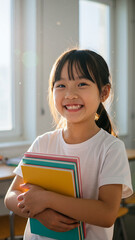 Smiling Asian schoolgirl holding colorful books in a classroom