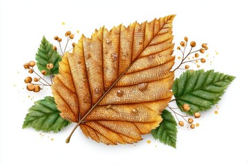 Detailed Autumn Leaf with Green Branches and Berries on White Background