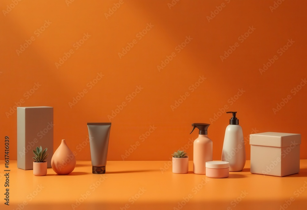 Poster assorted cosmetic containers displayed against an orange backdrop.