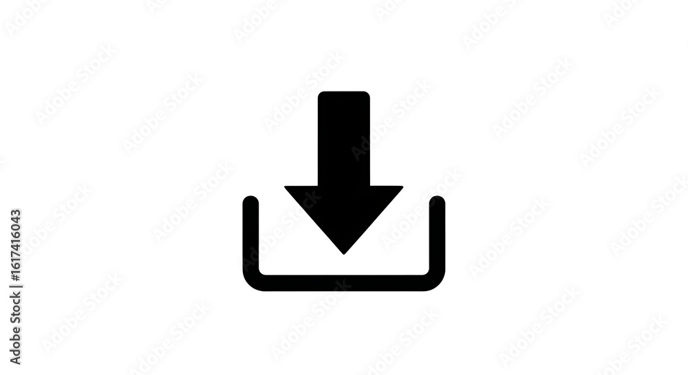 Poster a black download icon with an arrow pointing down into a container on a white background plain view