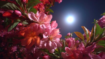 Pink Cherry Blossoms Blooming Under Moonlight Scenery