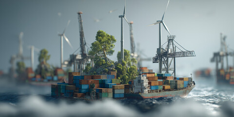 Cargo ship carrying colorful containers navigates through foggy sea, surrounded by wind turbines and cranes, symbolizing sustainable shipping and climate resilience