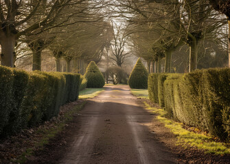 Obraz premium Charming entrance to an english country garden surrounded by tall trees