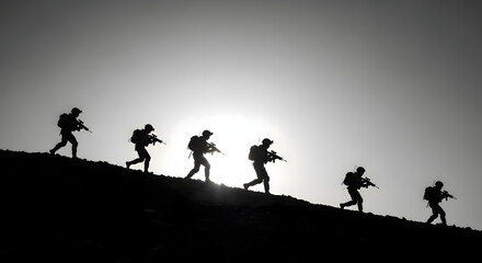 Silhouetted Soldiers Marching: Dynamic silhouette of determined soldiers traversing a hill under a vast sky, embodying strength and unwavering resolve. 