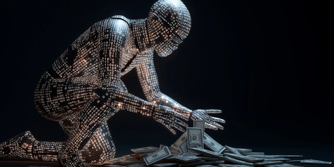Digital figure composed of binary code kneels in dark, interacting with pile of cash, symbolizing intersection of technology and finance