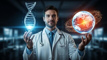A doctor holds holographic representations of DNA and Earth, suggesting a connection between genetics and global health. - Powered by Adobe