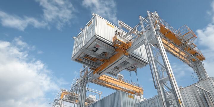Large container crane is lifting shipping container against clear blue sky, showcasing modern industrial technology and engineering. scene conveys sense of efficiency and scale