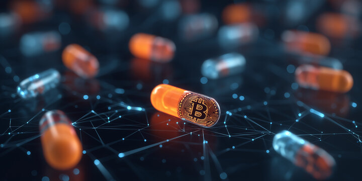 Collection of capsules with digital currency symbol on network background, symbolizing intersection of blockchain technology and pharmaceutical innovation