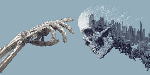 Robotic hand reaching towards digital skull composed of cityscape elements, symbolizing fusion of technology and humanity. artwork conveys futuristic and thought provoking theme