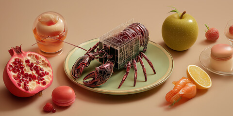 Surreal composition featuring lobster with mechanical structure plate, surrounded by various fruits and desserts, including pomegranate, apple, orange, and macarons, creating whimsical