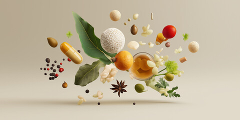 Dynamic composition of floating nutritional elements, including fruits, leaves, and supplements, creates interactive and vibrant scene. arrangement suggests focus on health and wellness